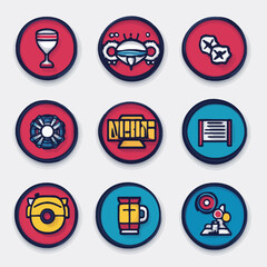 Nine Circular Icons: Drinkware, Tech, Building, And More