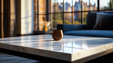 Modern coffee table in a stylish living room with city views