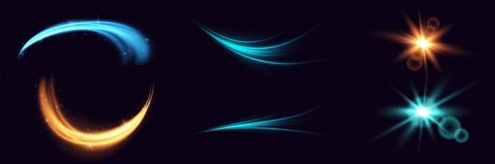 Set of bright particles, burning blue and yellow lights, stars, vortex, speed. Vector.