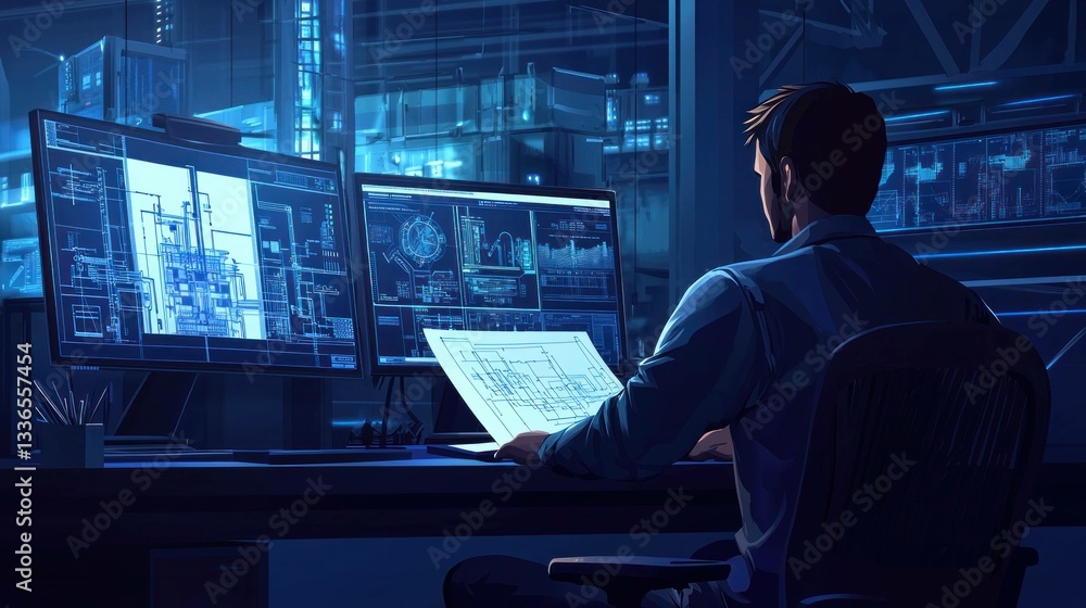 Poster a focused engineer analyzing blueprints in a high tech office with digital screens in the background