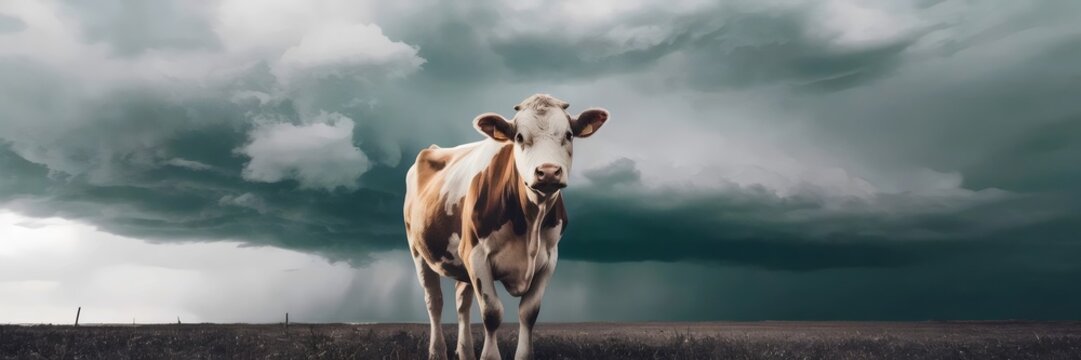 Cow standing in a field with storm clouds rolling in behind &ndash; Dramatic contrast and surreal atmosphere.