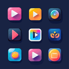 Colorful modern app icons set on dark background. Multimedia and digital media elements.