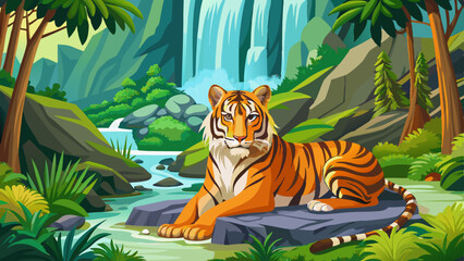 Bengal tiger resting Near the waterfall with green moss from inside the jungle zoo .