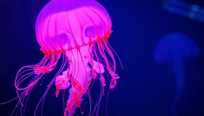 Fototapeta premium A vibrant pink jellyfish gracefully floats in a dark blue aquatic environment, its long tentacles trailing behind, illuminated by an ethereal glow.