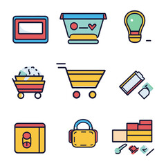 Colorful Shopping Icons: Cart, Checklist, Lightbulb, Sale and More