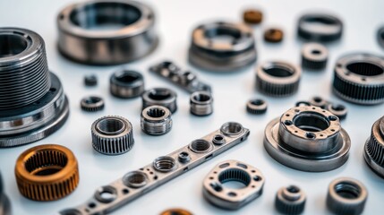 Obraz premium Close-up of various precision metal parts, including gears, bearings, and screws, scattered on a white surface.