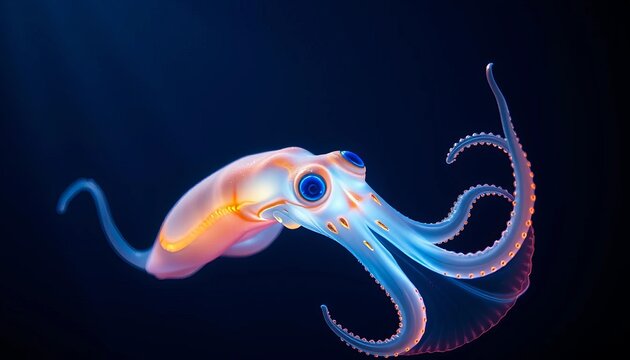 Mesmerizing bioluminescent cephalopod with vibrant hues, elegantly swimming in deep ocean darkness