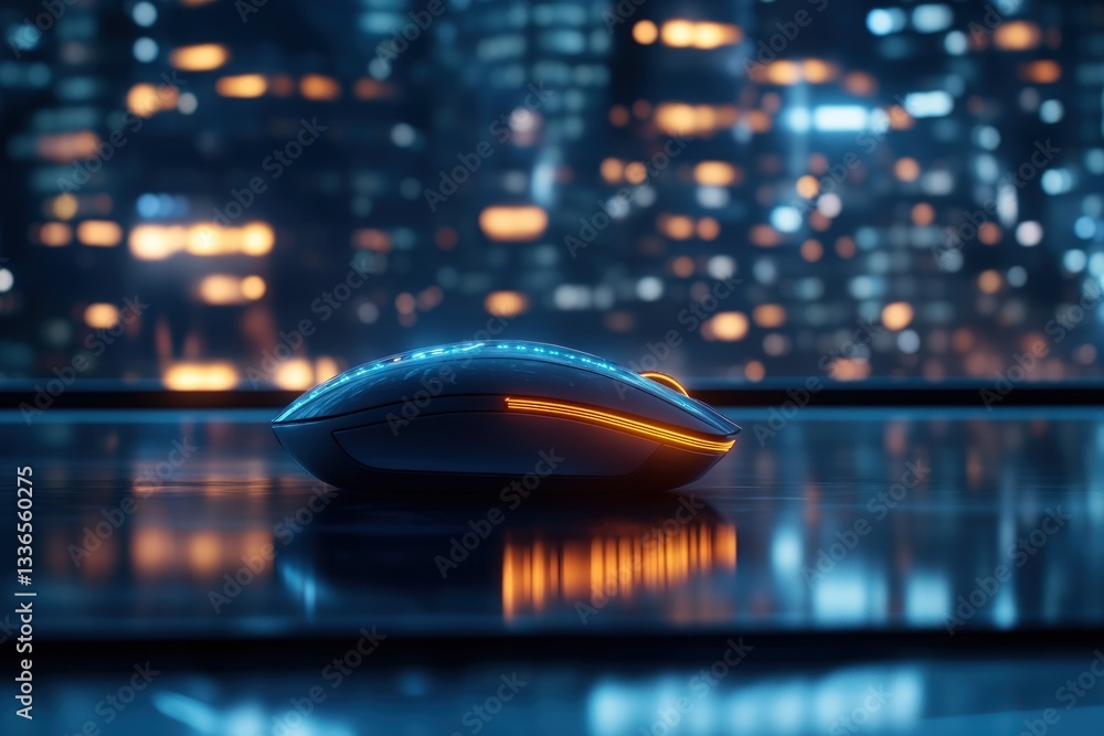 Aufkleber modern wireless computer mouse on a reflective surface with city lights in the background