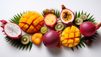Vibrant and colorful assortment of sliced exotic fruits, including fresh pitaya (dragon fruit), mango, and passionfruit.

