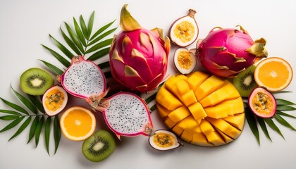 Vibrant and colorful assortment of sliced exotic fruits, including fresh pitaya (dragon fruit), mango, and passionfruit.

