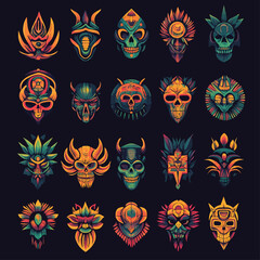 Stylized Skull Masks, Colorful, Geometric Design on Dark Background