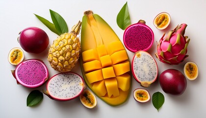 Vibrant and colorful assortment of sliced exotic fruits, including fresh pitaya (dragon fruit), mango, and passionfruit.

