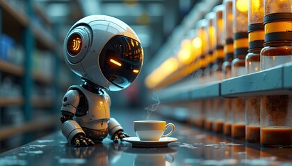 Robot Enjoying Coffee Break in Futuristic Cafe