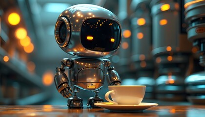 Cute Robot with Coffee Cup  Futuristic Technology