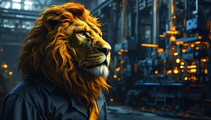 Lion in Industrial Setting  Business Concept