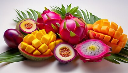 Vibrant and colorful assortment of sliced exotic fruits, including fresh pitaya (dragon fruit), mango, and passionfruit.


