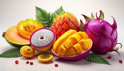 Vibrant and colorful assortment of sliced exotic fruits, including fresh pitaya (dragon fruit), mango, and passionfruit.

