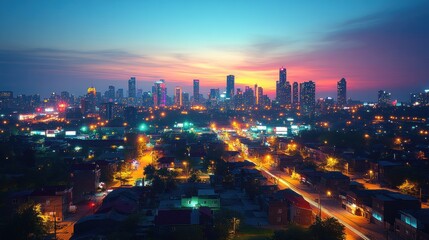 Fototapeta premium Vibrant Cityscape at Sunset Skyline Glows