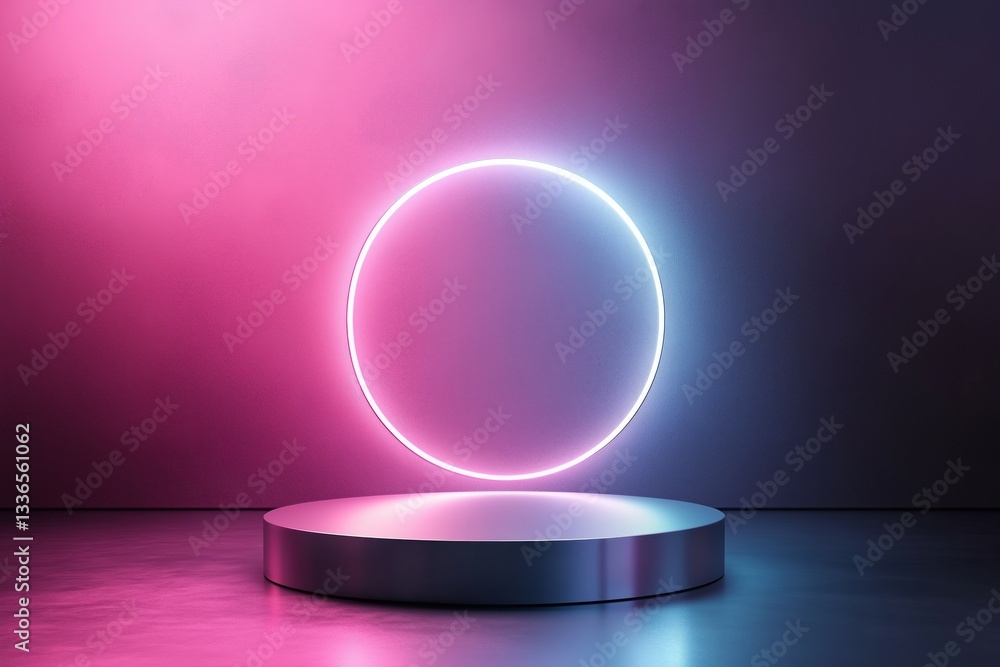 Aufkleber abstract 3d silver cylinder pedestal podium floating on air with glowing neon ring background. silve