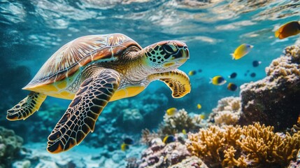 Fototapeta premium Sea Turtle Gracefully Swimming Through a Vibrant Coral Reef Ecosystem underwater