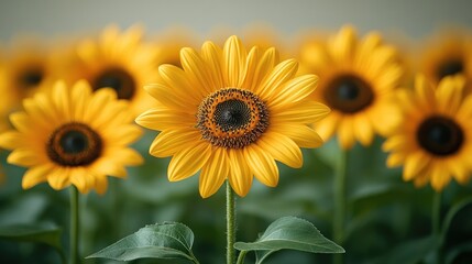 Obraz premium Close-up of vibrant yellow sunflowers in a field, showcasing their bright petals and dark centers.