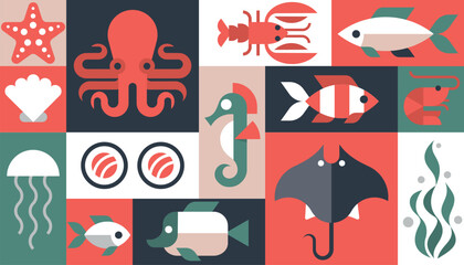 Seafood background vector geometric, set of icons Restaurant Cafe kitchen menu