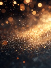 Obraz premium Shining Golden Glitter Sparkles with Bokeh Effect on Dark Background