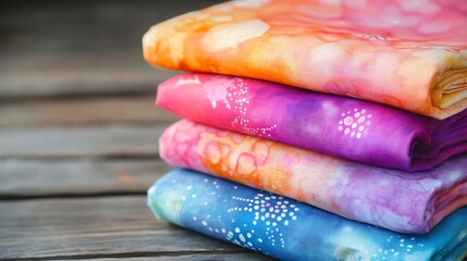 Stacked Colorful Dyed Fabric Bolts on Wood Table
