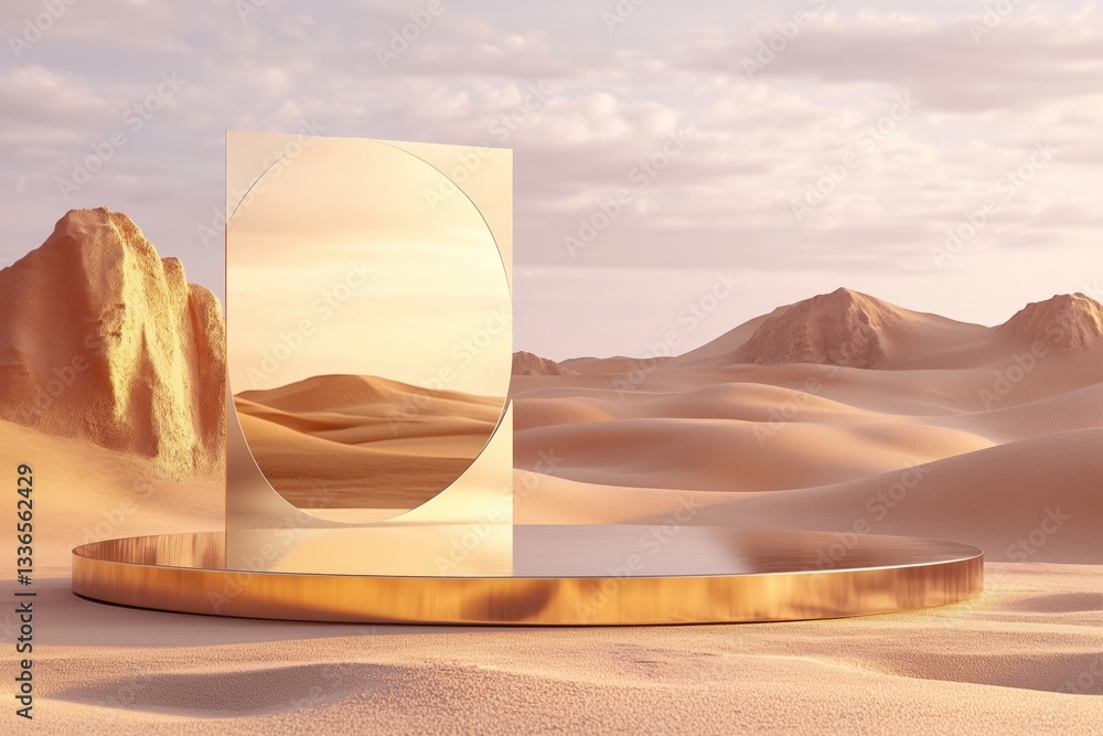 Aufkleber abstract desert background with mirror podium backdrop. 3d render