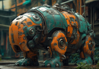 Futuristic robotic lizard on blurred background.