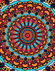 A colorful, intricate mandala design, featuring concentric circles filled with repeating geometric patterns and vibrant colors.