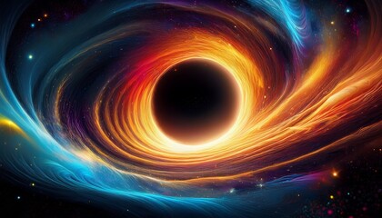 Abstract visualization of a black hole in deep space, featuring swirling light gradients and cosmic dust.

