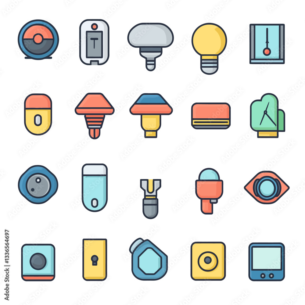 Poster colorful icons set of various objects. vector symbols with filled outlines.