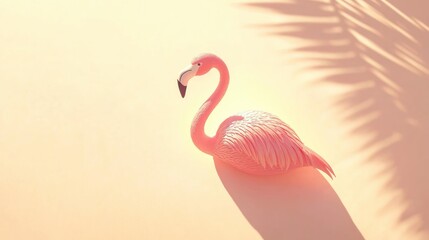 Fototapeta premium Pink flamingo figurine on pastel background with palm shadow.