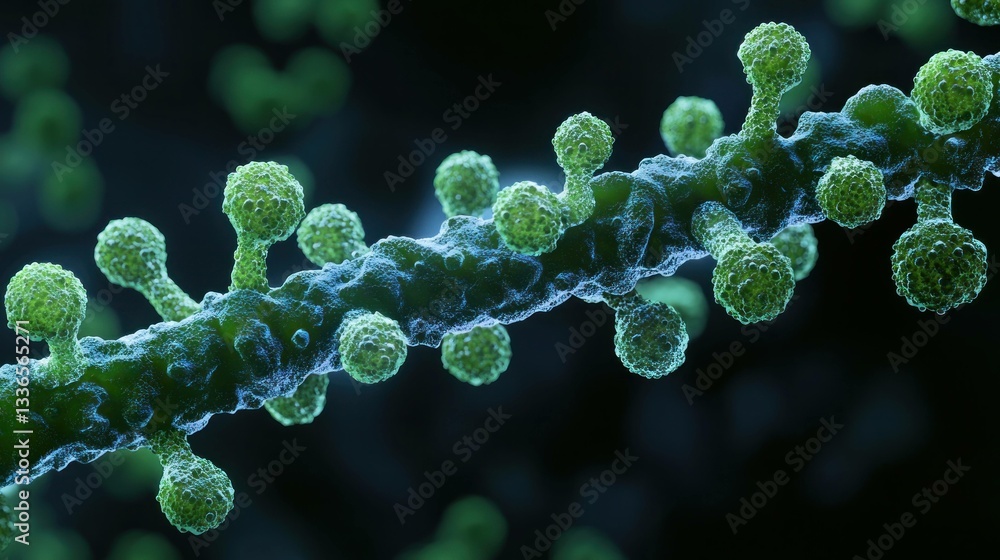 Poster abstract microscopic view of green virus like structures on a dark background, showcasing intricate 