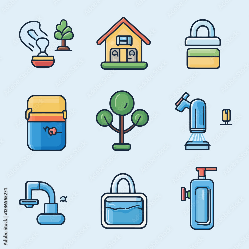 Poster colorful illustration of various objects and icons for design and web
