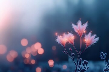 A delicate flower blooms softly amidst a misty backdrop, illuminated by warm bokeh lights, creating a magical and ethereal atmosphere.