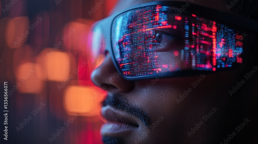 Poster Close-up profile of a man wearing futuristic glasses displaying digital code.