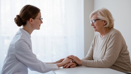 Obraz premium Doctor Consulting an Elderly Patient in a Warm Light.