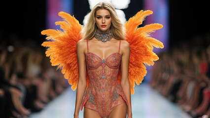 Elegant Runway Model Wearing Ornate Lingerie with Vibrant Orange Angel Wings on a Fashion Show Catwalk