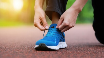 Close-Up of Hands Tying Blue Athletic Shoe Laces Outdoors on a Track with Morning Sunlight