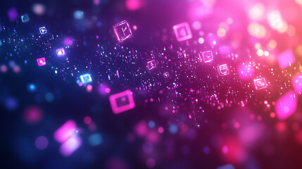 Floating media icons in vibrant digital space, symbolizing connectivity and innovation in a dynamic world