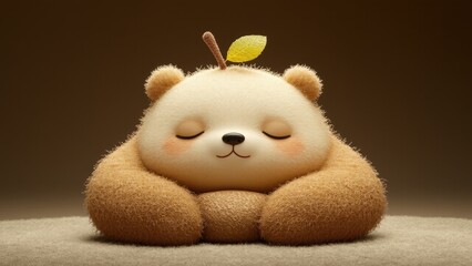 Fototapeta premium Cute Round Plush Bear Cub Resting Peacefully With Leaf Decor and Soft Glow