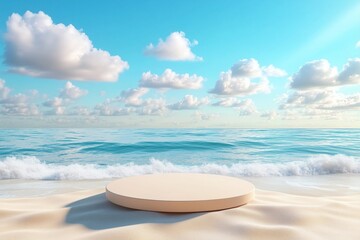 Beach podium summer background sand product 3D sea display platform. Beach podium summer banner stand scene sale sky holiday vacation stage water island sun travel pedestal promotion presentation ad