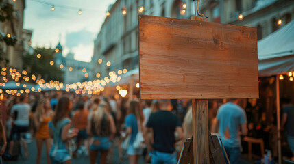 A bustling street market scene with a blank wooden sign in the foreground and twinkling lights illuminating the lively atmosphere.