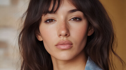 Obraz premium Beautiful woman with long hair and natural makeup in a softly lit environment