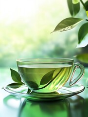 Brewed Herbal Tea in Glass Cup with Green Leaves Decoration