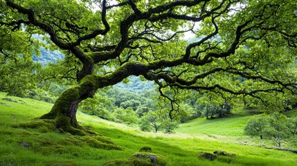 Obraz premium Ancient Mossy Oak Tree on Verdant Hillside