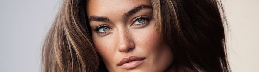 Fototapeta premium Beautiful woman with striking features posing against a neutral background in bright light