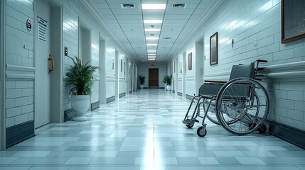 Empty Hospital Corridor with Wheelchair
